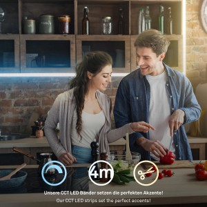 Paar in Küche mit Briloner LED-Band. Erweiterungs-Set mit 4m Länge für flexible Beleuchtung.