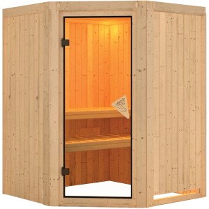 Karibu Sauna Lyra Natur, Elementsauna aus Fichte mit Glastür und zwei Liegen.