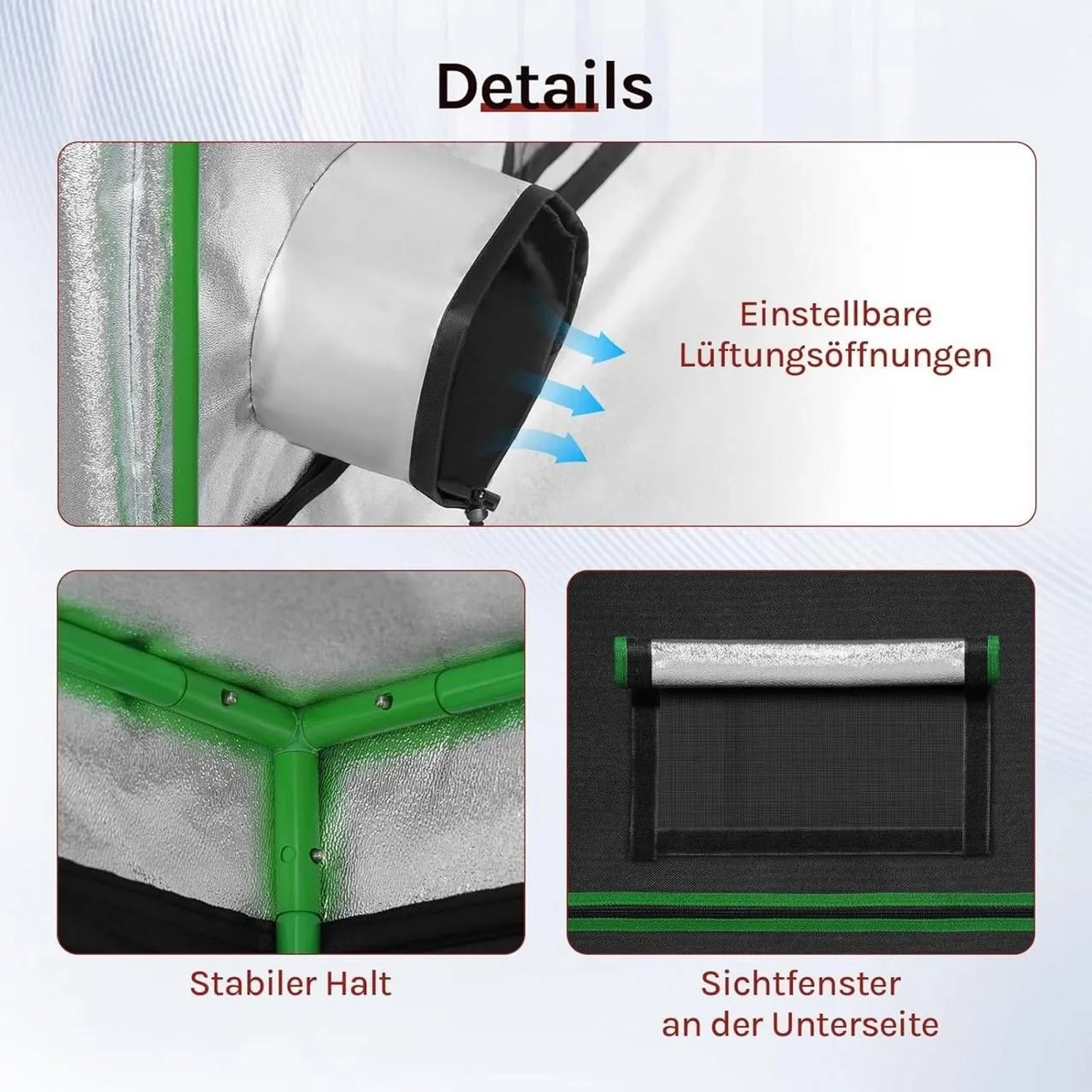 Details des WOLTU Gewächshauses: Lüftung, stabiler Halt und Sichtfenster.