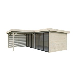 Palmako Pavillon Lenna Set 413 mit Schiebetüren und Sichtschutz aus naturbelassenem Fichtenholz.