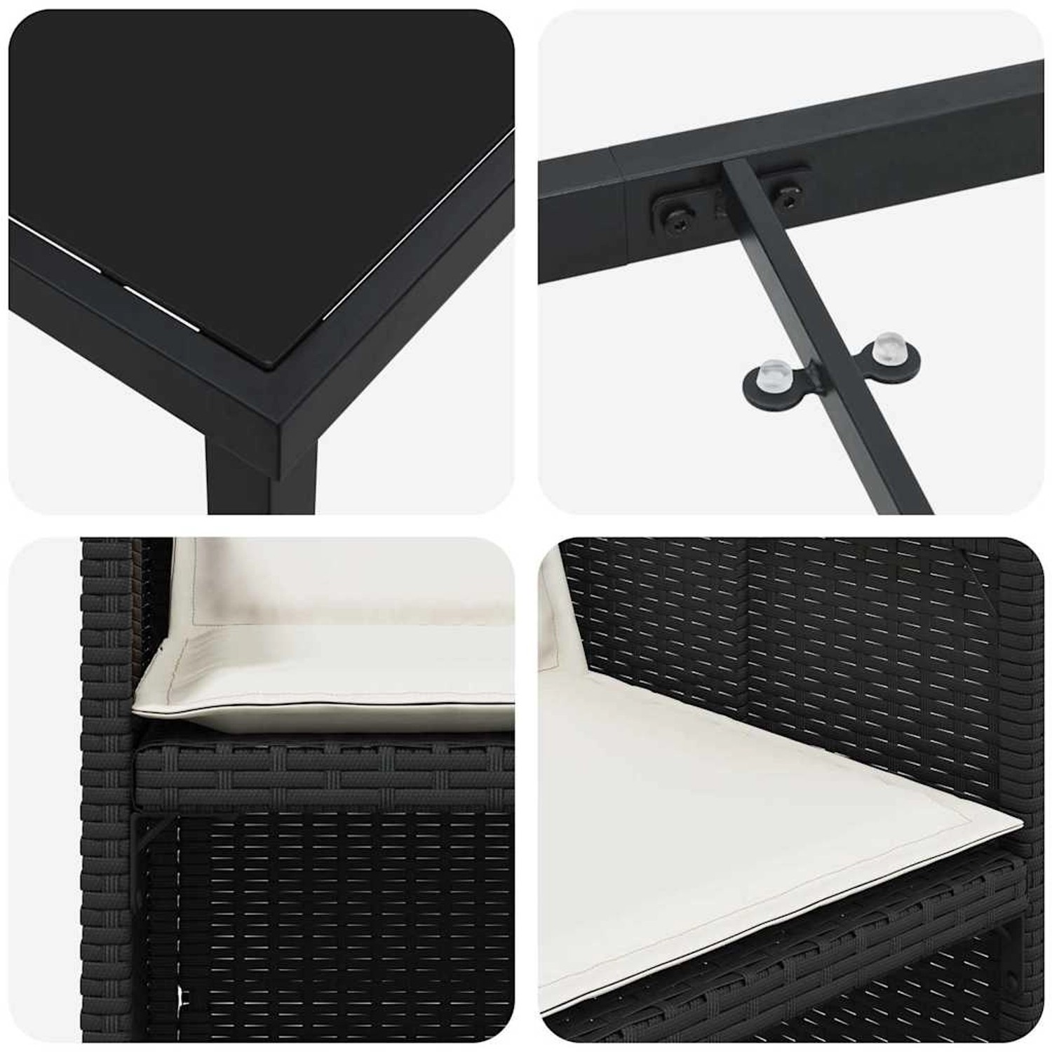 Detailansicht: Schwarze vidaXL Garten Essgruppe mit Kissen, Poly Rattan, 5-teilig.