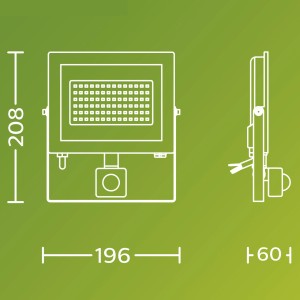 Skizze des Philips Outdoor Flutlicht Lois mit Bewegungssensor, Abmessungen: 208x196x60 mm.