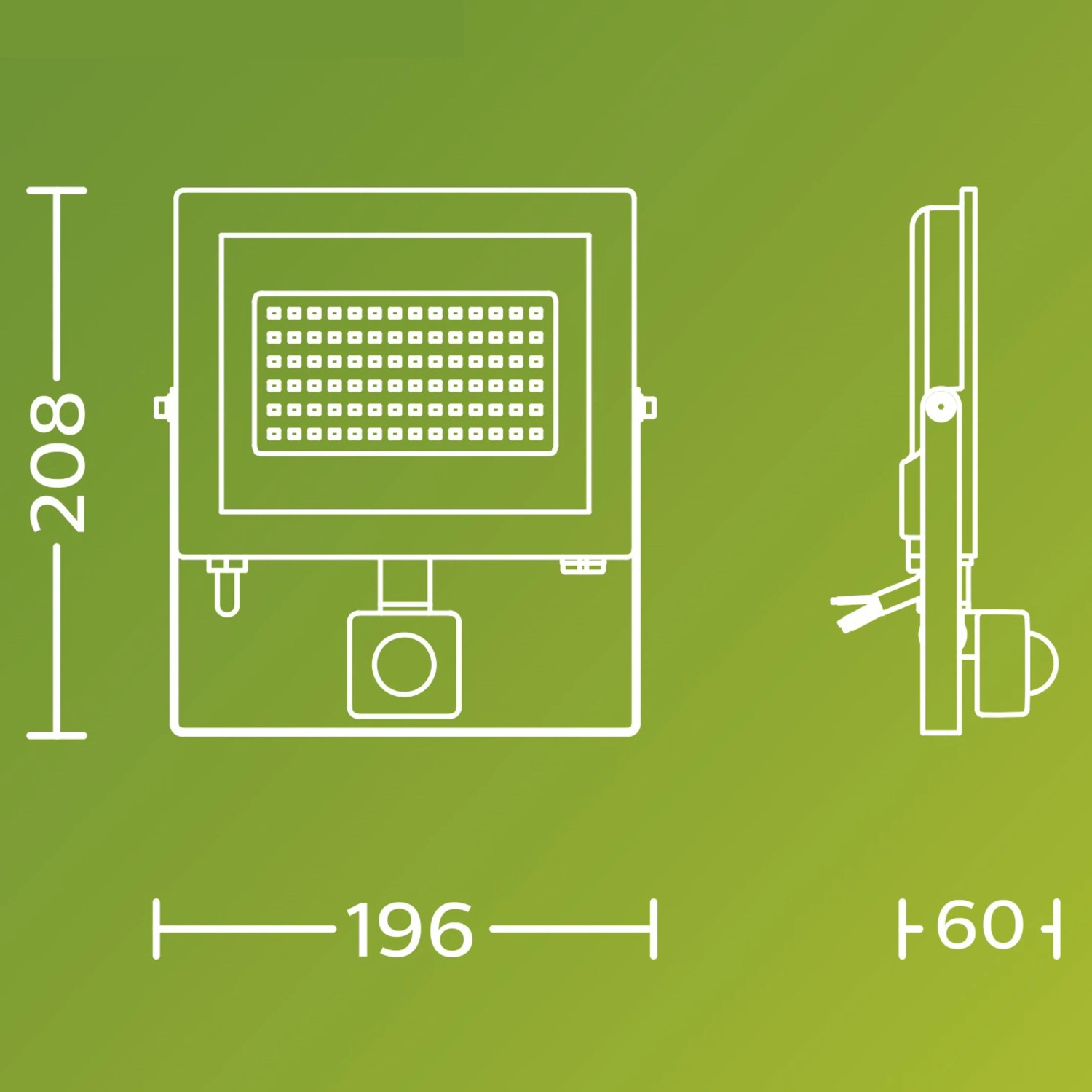 Skizze des Philips Outdoor Flutlicht Lois mit Bewegungssensor, Abmessungen: 208x196x60 mm.