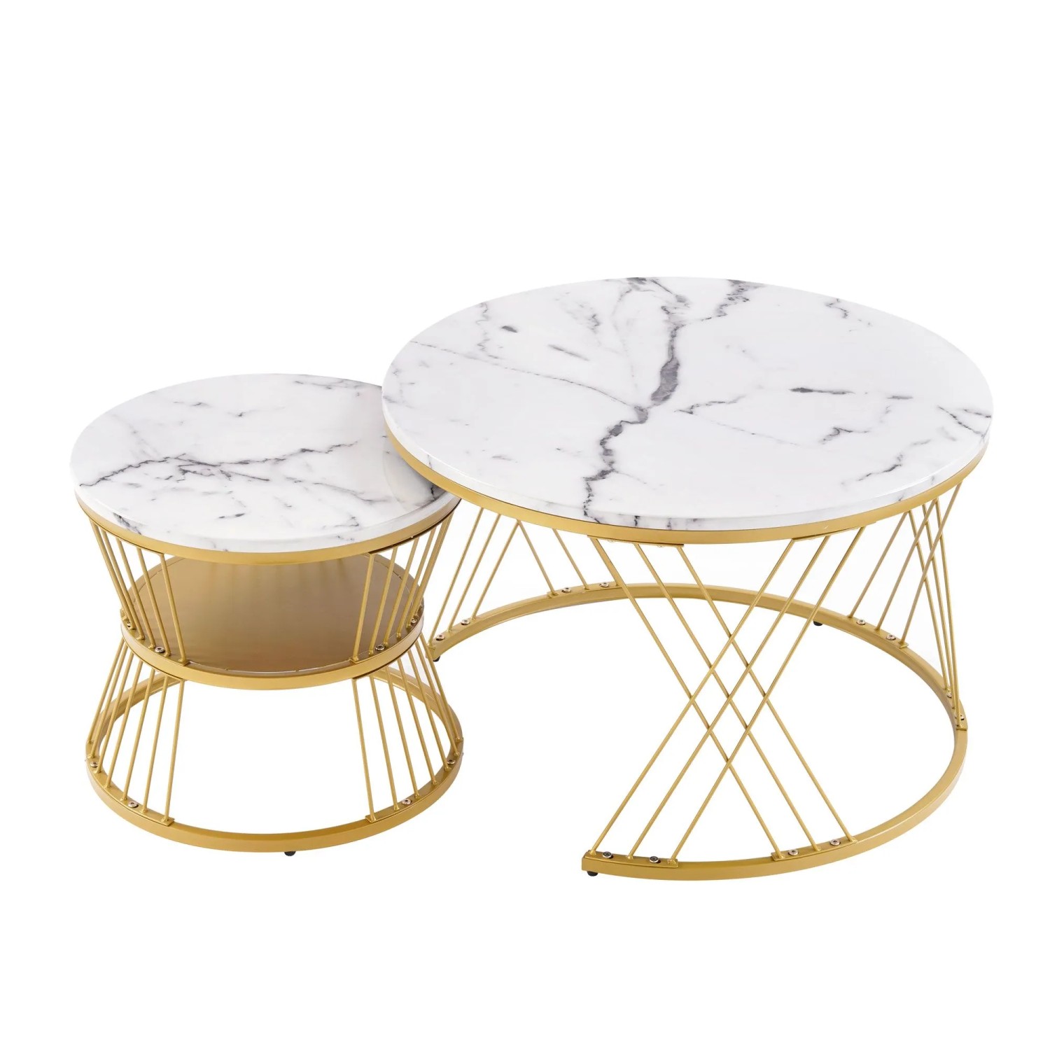 Merax Couchtisch Set Zweiteilig Hochglanz Marmoroptik Goldene Beine
