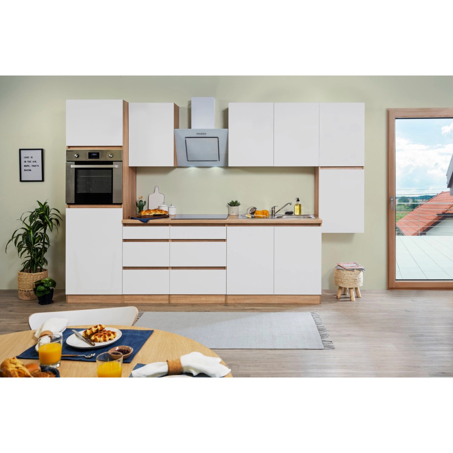 Respekta Küchenzeile/Küchenblock ohne E-Geräte 320 cm Grifflos Weiß Matt-Eiche Sägerau
