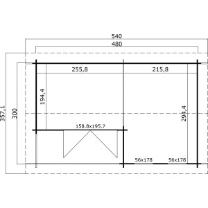 Grundriss des Lasita Holz-Gartenhauses Riverside, Schwedenrot, mit Maßangaben.