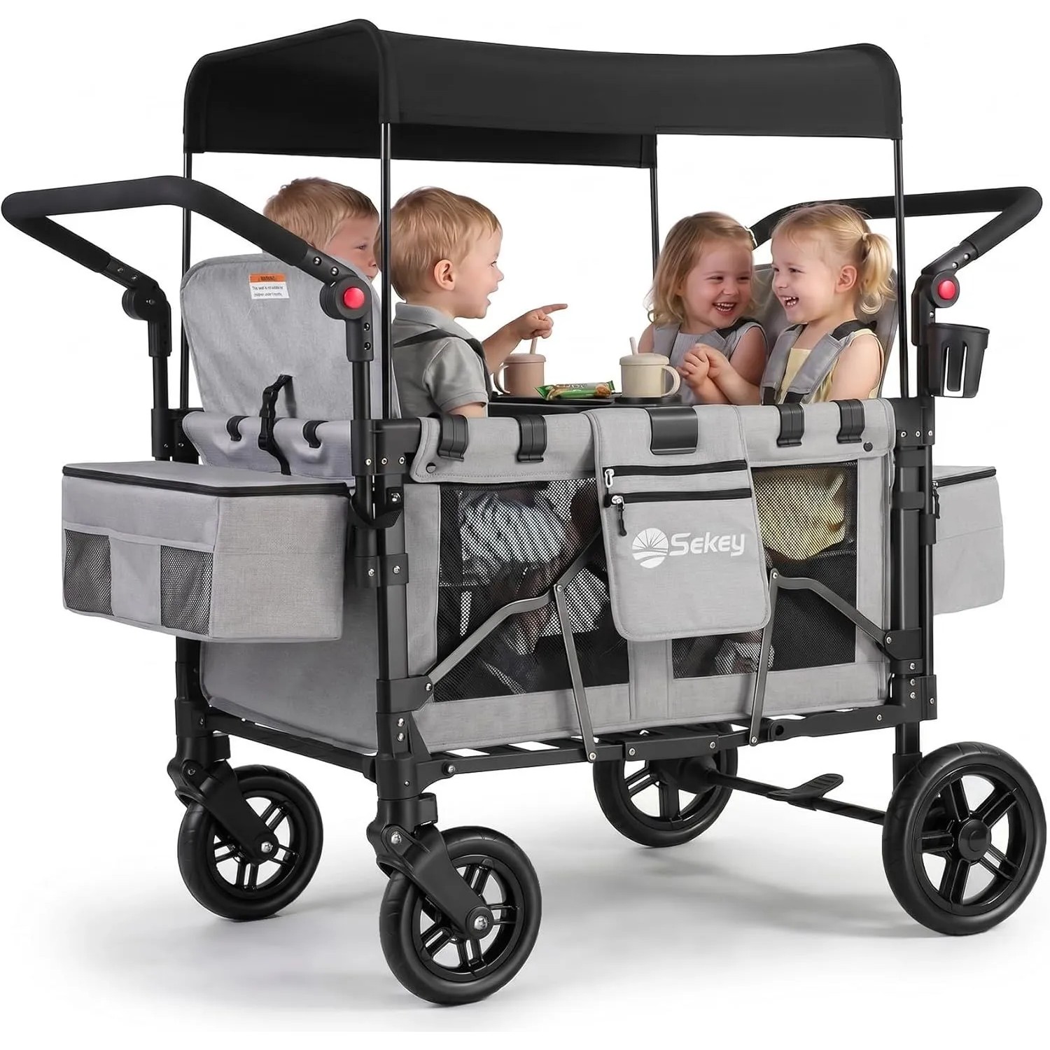 Sekey Faltbarer Bollerwagen für 4 Kinder Kinderwagen mit 4 Integrierten 5-Punkt-Gurtsystem Schwarz