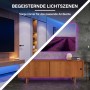 MegaLight Smart LED-Streifen RGB dimmbar, als TV-Hintergrundbeleuchtung. Zeigt blaues und violettes Stimmungslicht im Wohnzimmer.