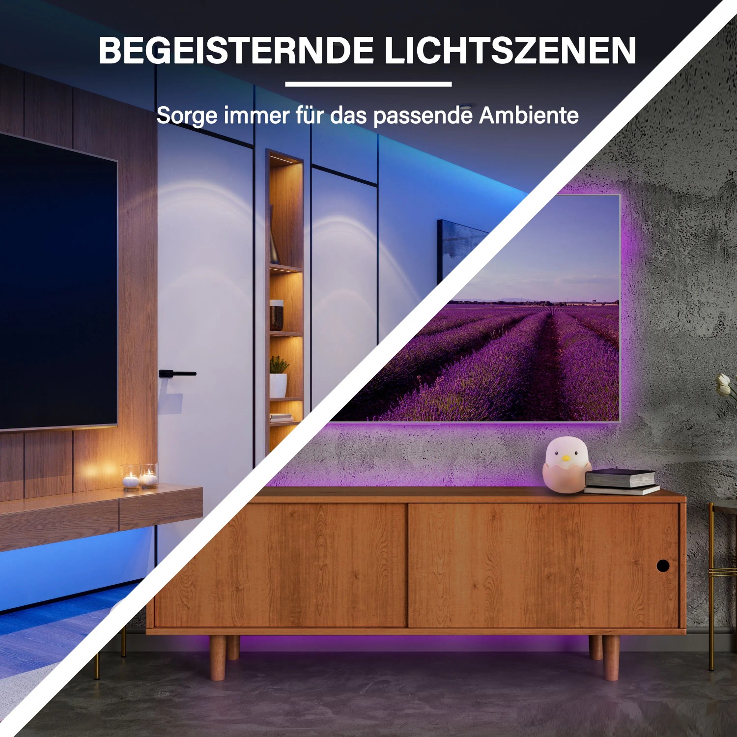 MegaLight Smart LED-Streifen RGB dimmbar, als TV-Hintergrundbeleuchtung. Zeigt blaues und violettes Stimmungslicht im Wohnzimmer.