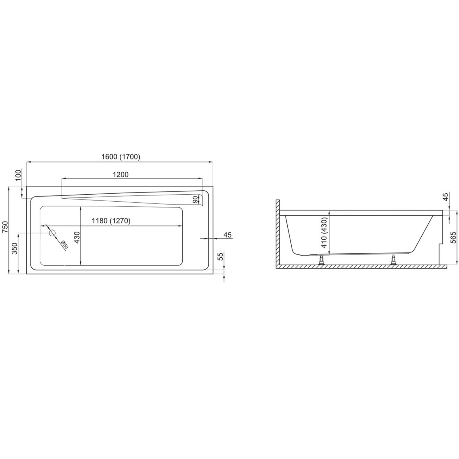 Bad Land Badewanne Rechteck ELZA 160x75 Ablauf Füße_5