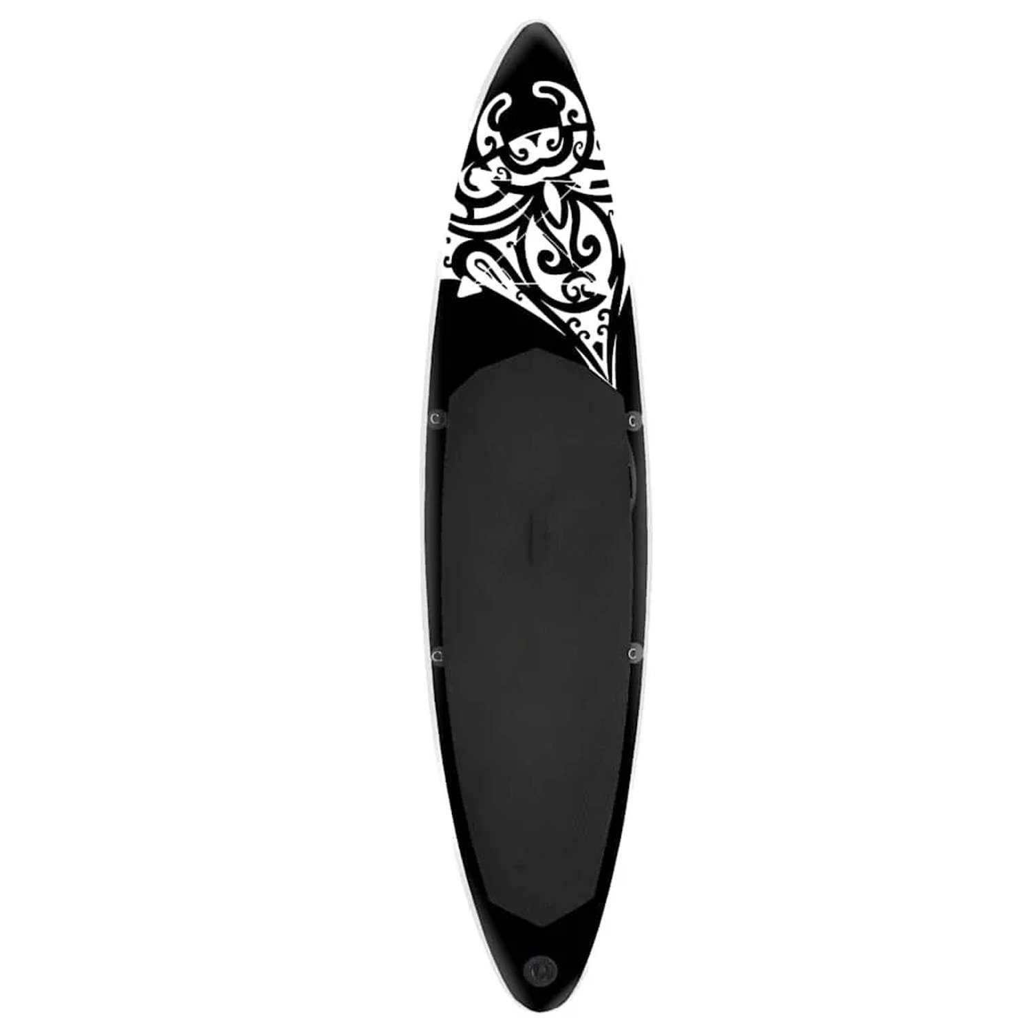 Schwarzes, aufblasbares SUP-Board-Set (305x76x15 cm) von vidaXL mit weißem Muster.