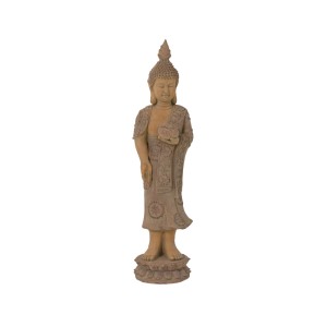 Sandfarbene stehende Buddha-Statue (99 cm) für Gartendekoration. Detailreiches Gewand, hält Lotusblume, auf Lotussockel.