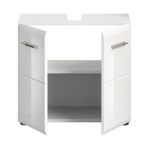 Waschbeckenunterschrank Ice, weiße Hochglanzfronten, offene Türen, Einlegeboden.