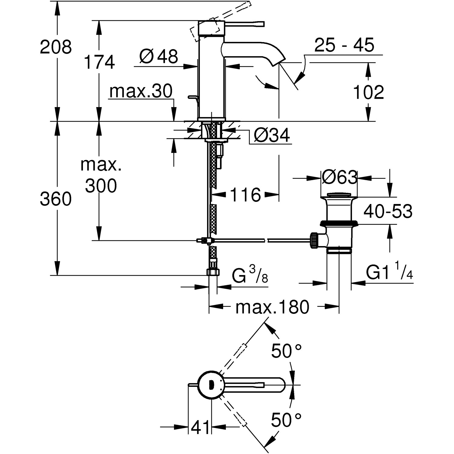 Technische Zeichnung Grohe Essence Waschtischarmatur S-Size Warm Sunset mit Maßangaben.
