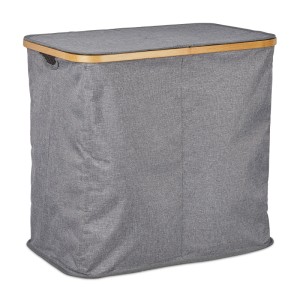 Relaxdays Wäschekorb Polyester Bambus Grau Mit Deckel 2 Kammern 50 cm x 54 cm x 33,5 cm 1,3 kg
