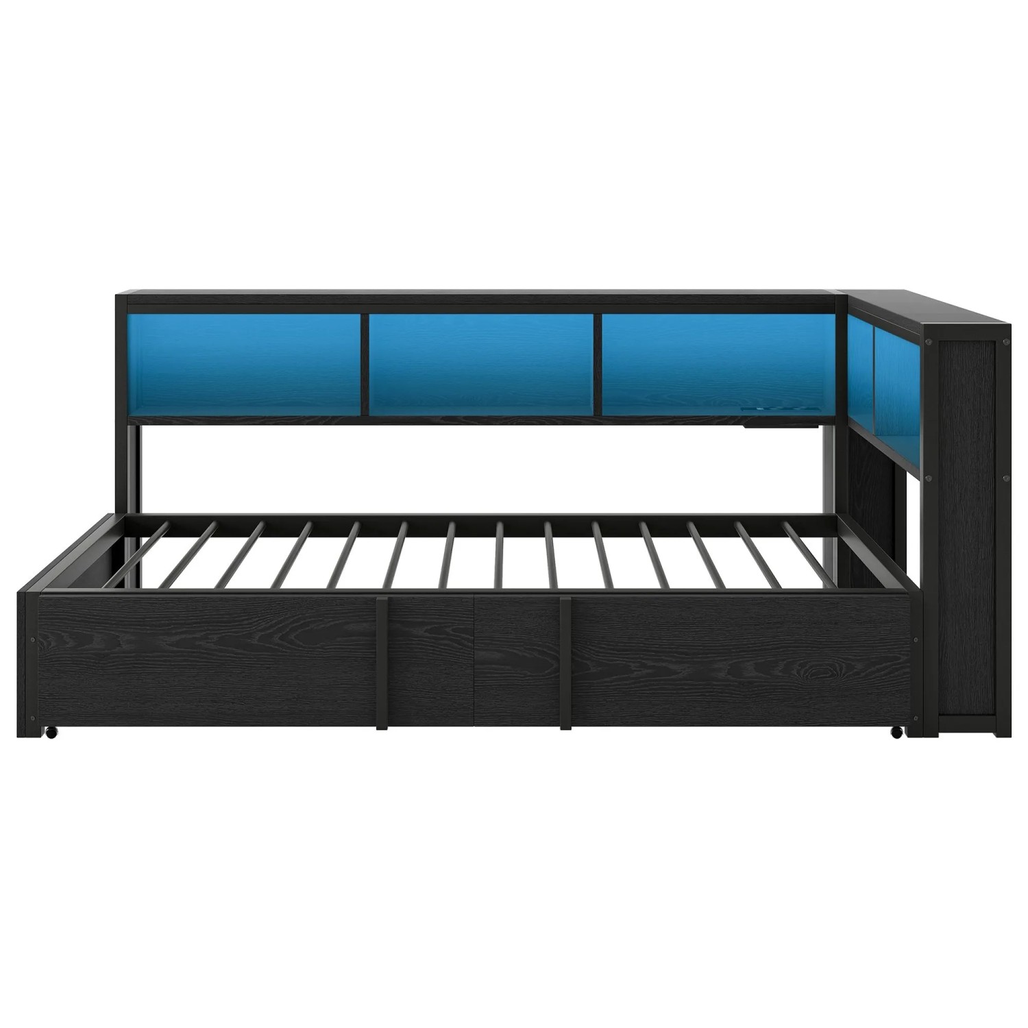 Merax Metall Tagesbett 90x200 cm mit Ausziehbett Stauraum USB LED Schwarz