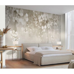 Erismann Vliestapete Art Edition 2 Rain, 4x2,7m, Ivory mit Blütenregen-Motiv im Schlafzimmer.