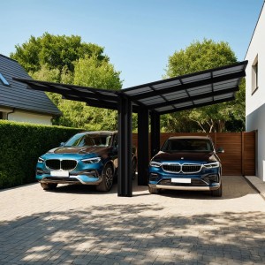 Schwarzes Ximax Alu Doppelcarport Linea mit zwei parkenden Autos.