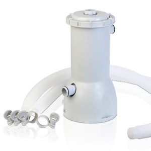 Gre Kartuschenfilter mit Aqualoon, weiße Filteranlage mit Schläuchen und Zubehör.