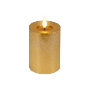 Goldene Lumineo LED-Kerze aus Wachs mit realistischer Flamme, 7,5x13,5 cm. Ideal für stimmungsvolle Dekoration.