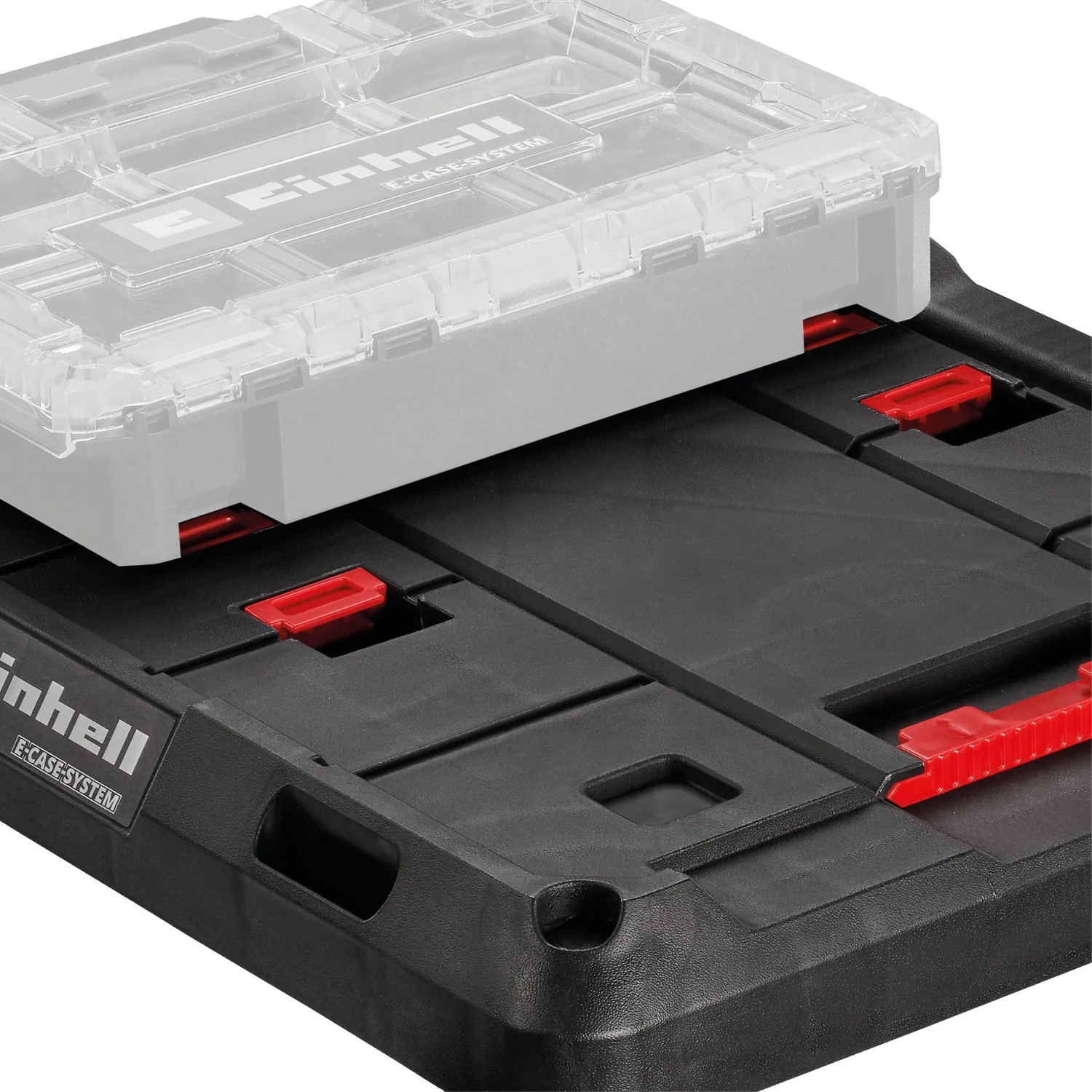 Einhell Rollbrett E-Case Systemkoffer mit transparentem Werkzeugkofferaufsatz.