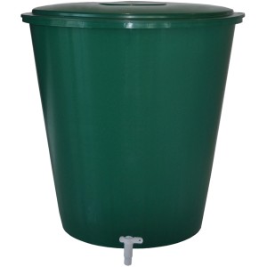 Grüne, runde Regentonne 300 l mit Deckel und Hahn zur Gartenbewässerung.