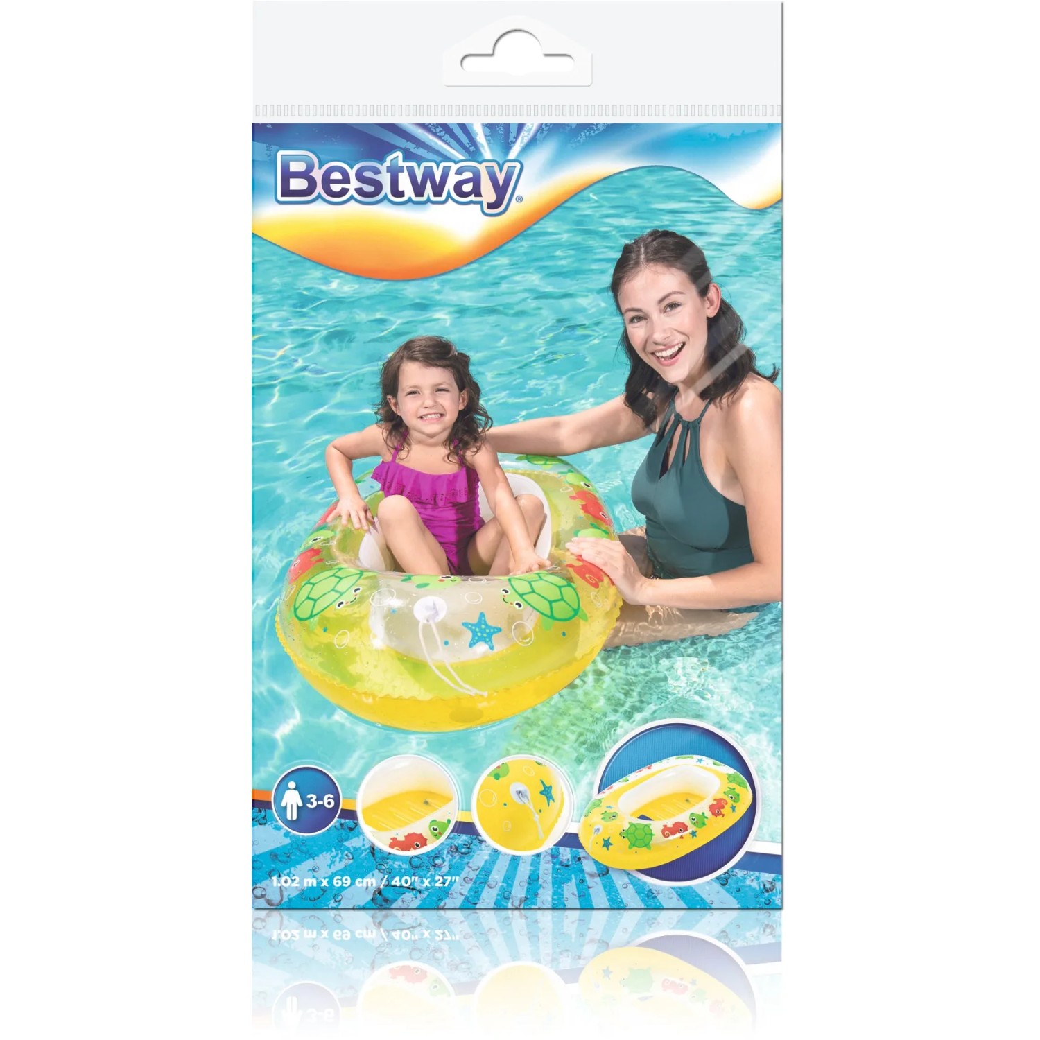Bestway Kiddie Raft Schlauchboot, gelb mit Schildkröten-Motiv, für Kinder von 3-6 Jahren.