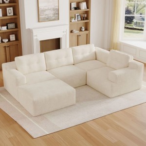 Beiges Merax Modulsofa in U-Form aus Chenille im Wohnzimmer. Flexibel als L-Sofa oder 3-Sitzer nutzbar.