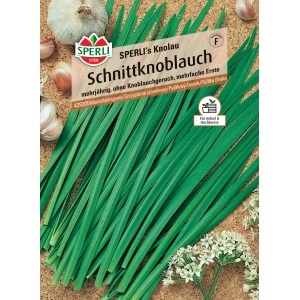 Samenpackung Sperli Schnittknoblauch mit Knoblauchzehen und grünen Blättern.