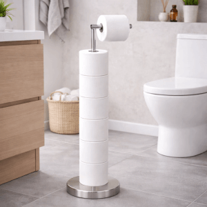Freistehender Toilettenpapierhalter aus Chrom-Metall mit weißer Säule für Ersatzrollen im modernen Bad.