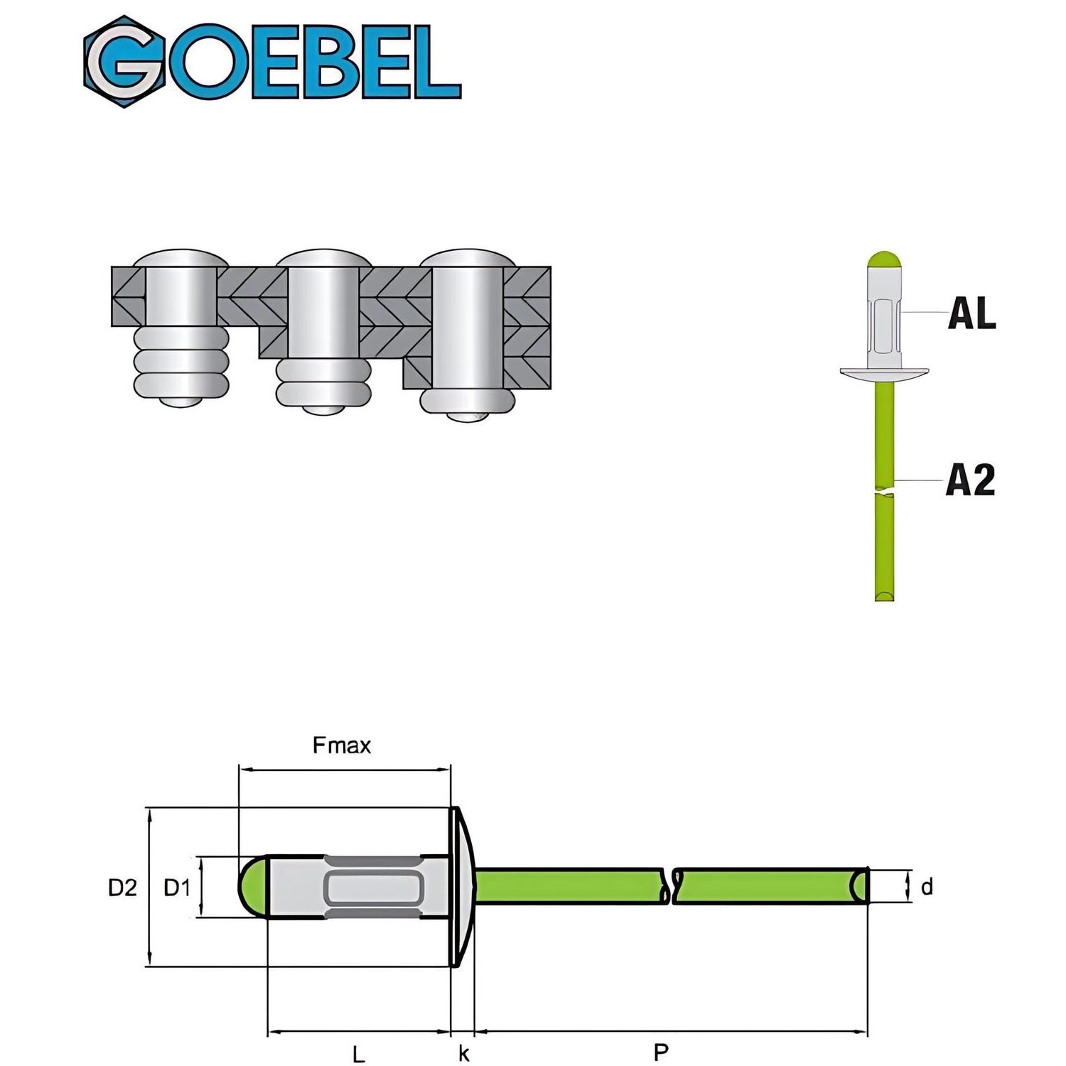 GOEBEL Mehrbereichsblindniete 4,8x10,3 mm, Aluminium/Edelstahl A2, Großkopf. Niete für Zangen.