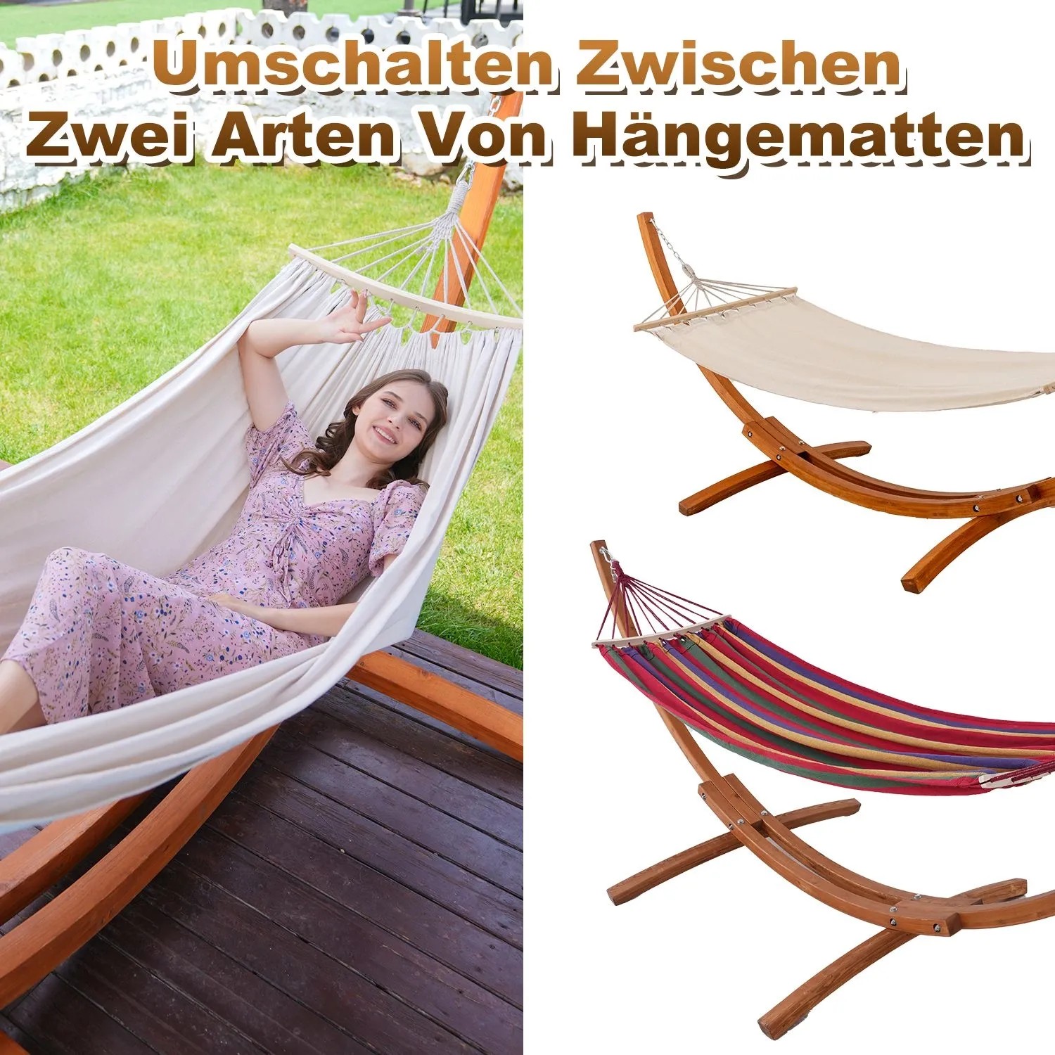HOMAVO Hängematte mit Holzgestell, zwei Liegeflächen: uni creme und bunt gestreift.
