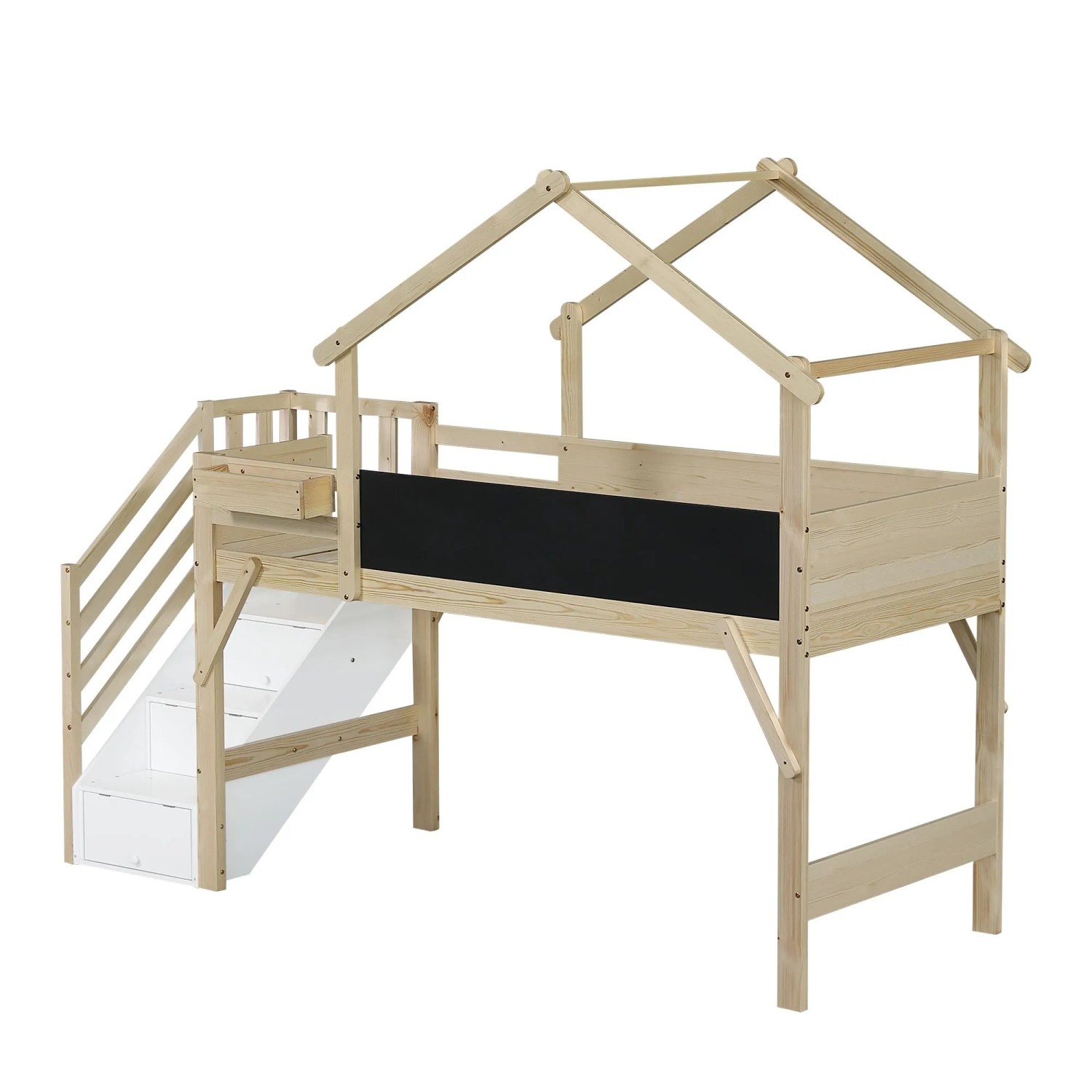 KOMHTOM Etagenbett 90x200Cm Kinderbett Mit Fallschutz Gitter Bemalbare Tafel 3 Schließfächer In Der Treppe Kiefer+Mdf+Sperrholz Weiß+Natur