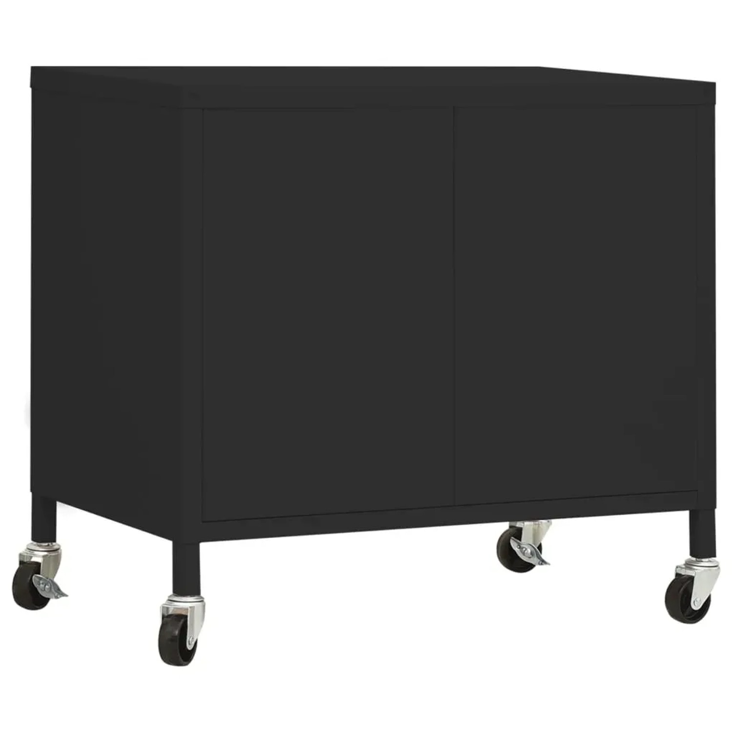 Schwarzer vidaXL Lagerschrank aus Stahl, 60x35x56 cm, mit Rollen und verstellbarem Einlegeboden.