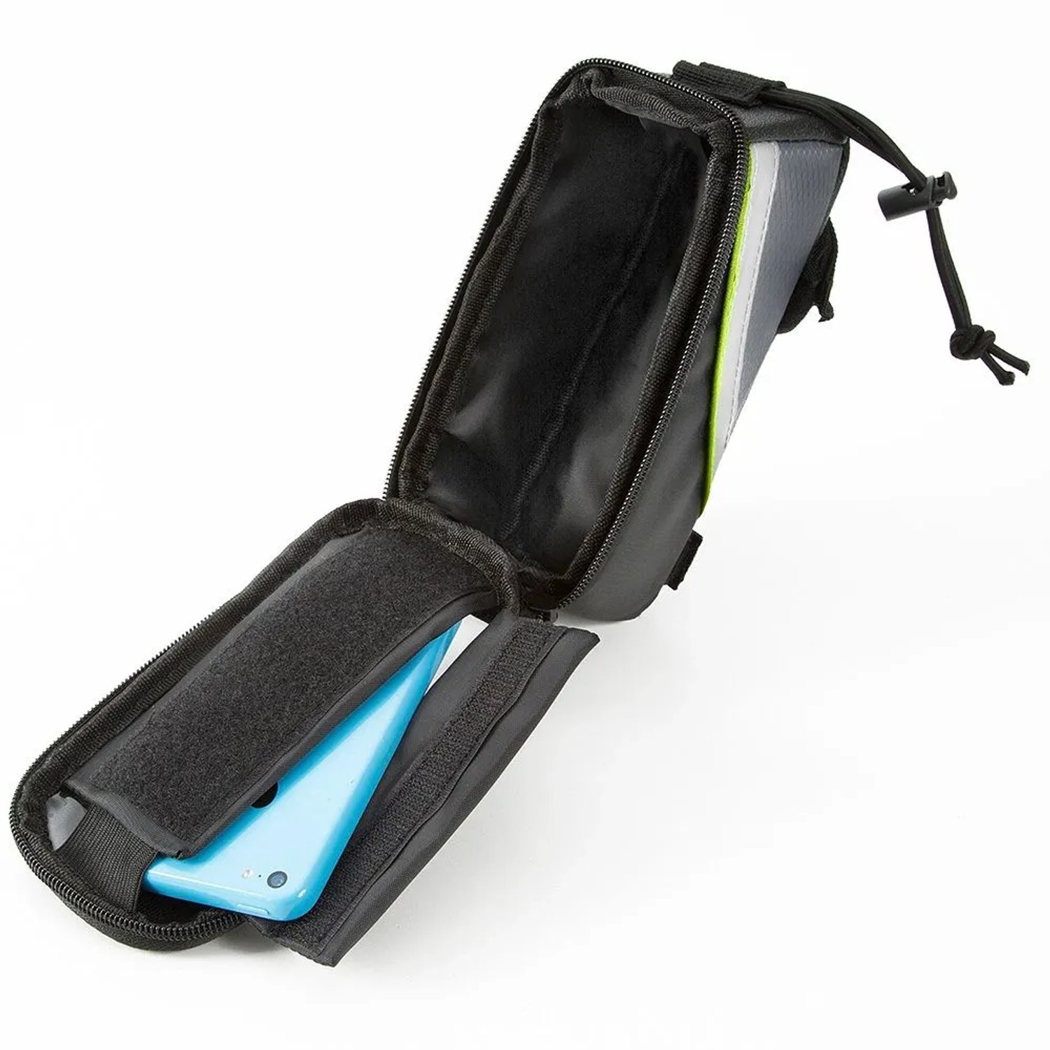 Tectake Fahrradtasche mit Rahmenbefestigung, schwarz, grau und grün, mit Smartphone im Sichtfenster.