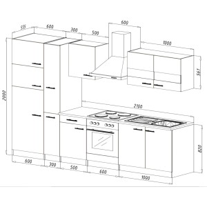 Skizze der Respekta Küchenzeile KB300ESGCGKE, 300 cm, Grau-Eiche Sägerau Nachbildung, mit Maßen.