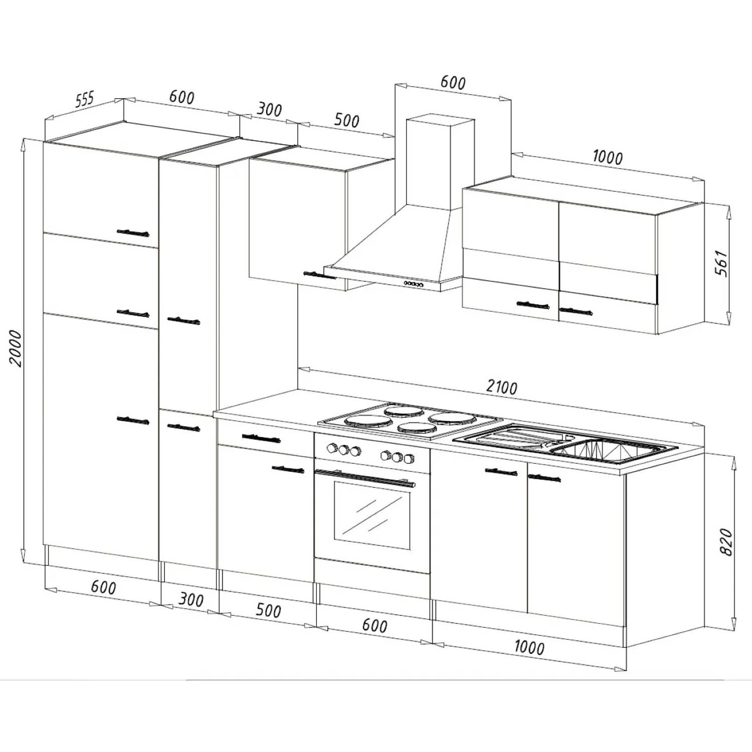 Skizze der Respekta Küchenzeile KB300ESGCGKE, 300 cm, Grau-Eiche Sägerau Nachbildung, mit Maßen.