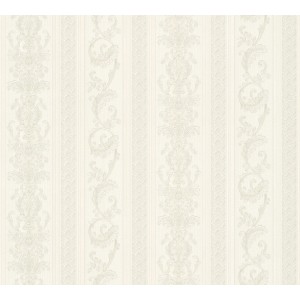 Vliestapete Hermitage mit Streifen, Ornamenten und Glanz in Creme und Grau.