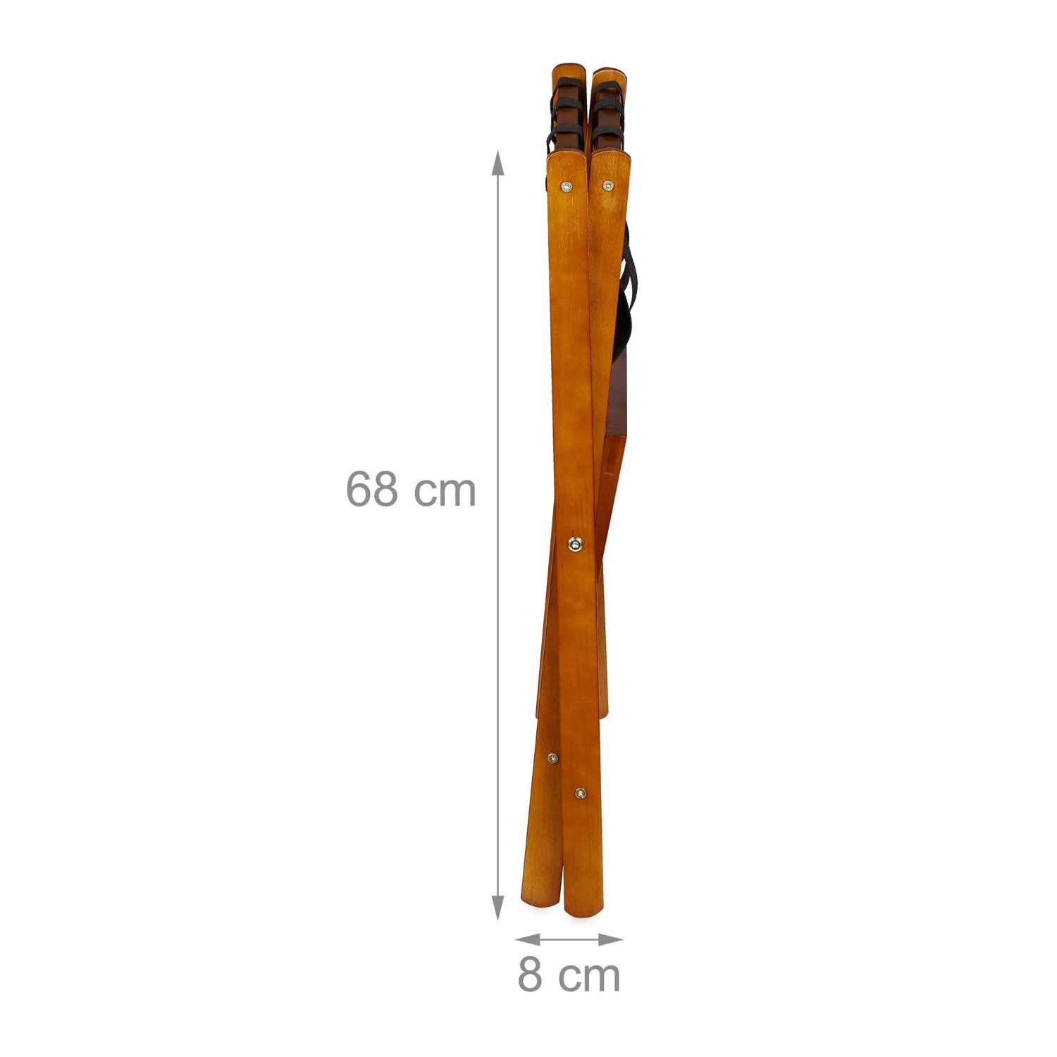 Geklappter Relaxdays Kofferständer aus Holz, naturfarben, von der Seite. Maße: 68 cm hoch, 8 cm breit. Platzsparende Gepäckablage.