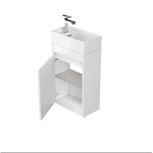 Weißes KOLMAN Badmöbelset: 40 cm Waschtischunterschrank mit offener Tür, Regal, Keramikwaschbecken und Armatur.