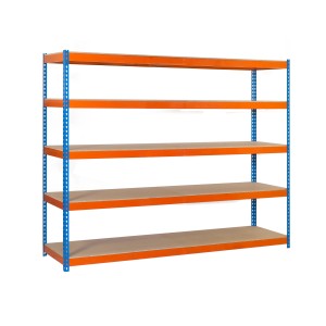 PROREGAL Schwerlastregal Wood Beast, blau-orange, mit 5 Ebenen und einer Fachlast von 600 kg.