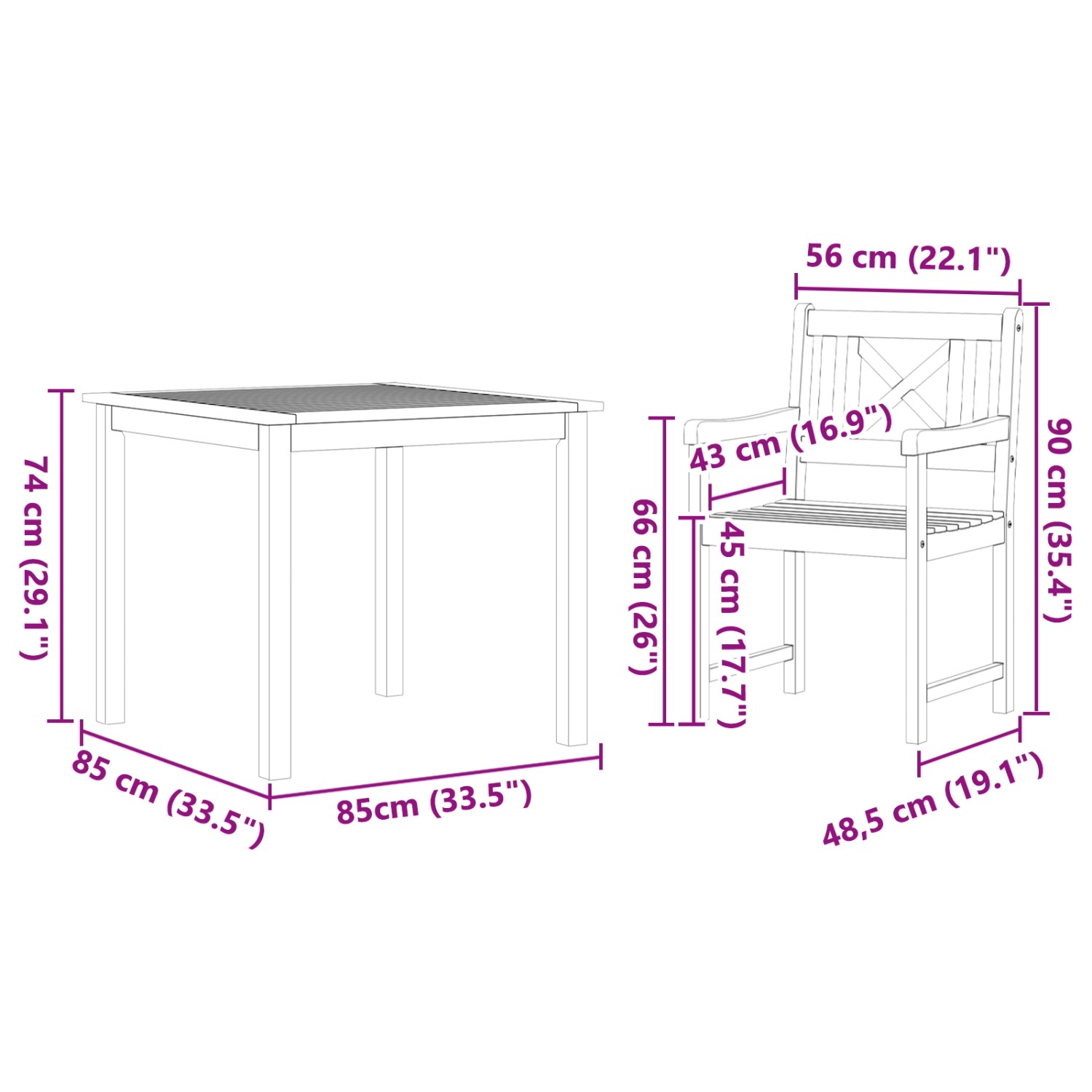 vidaXL 5-tlg. Garten-Essgruppe aus Akazienholz, braun, mit Maßen von Tisch und Stuhl.