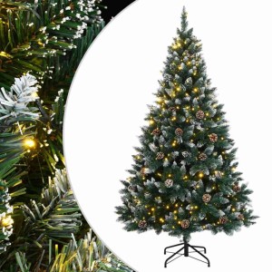 Grüner künstlicher Weihnachtsbaum 120 cm mit weißem Kunstschnee, Zapfen und warmweißen LEDs auf schwarzem Ständer.