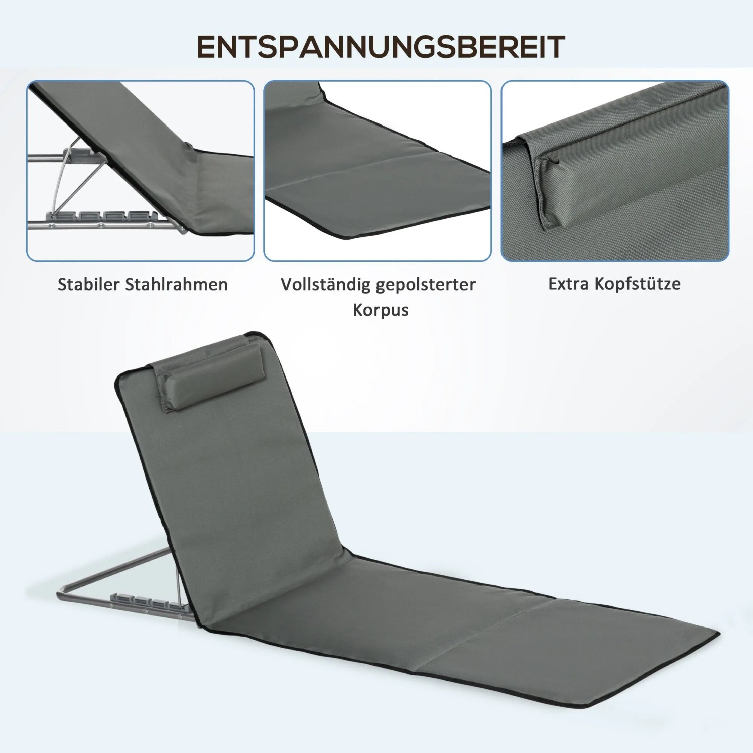 Outsunny Strandliege Stahl Oxfordstoff Grau 124L x 53B x 35-45H cm_6