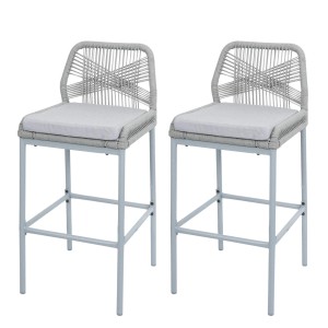 Proregal 2er-Set Rope-Barhocker HxBxT 101x45x52 cm Sitzhöhe 76cm Hellgrau Kissen Hellgrau Outdoor Sitzpolster Seilgeflecht Metall