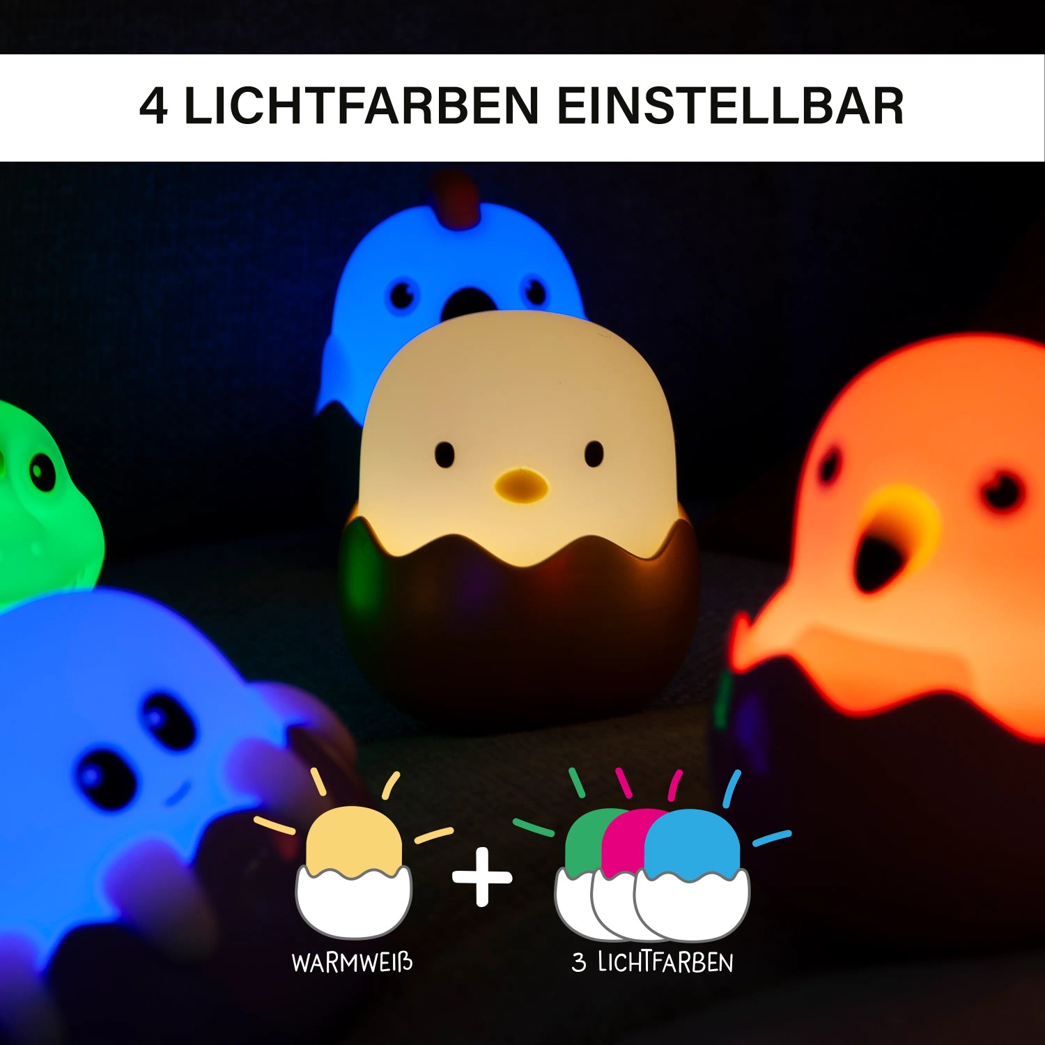 MegaLight Mini Lichter Eggy's, dimmbare Nachtlichter mit Akku, 9-fach sortiert in verschiedenen Farben.