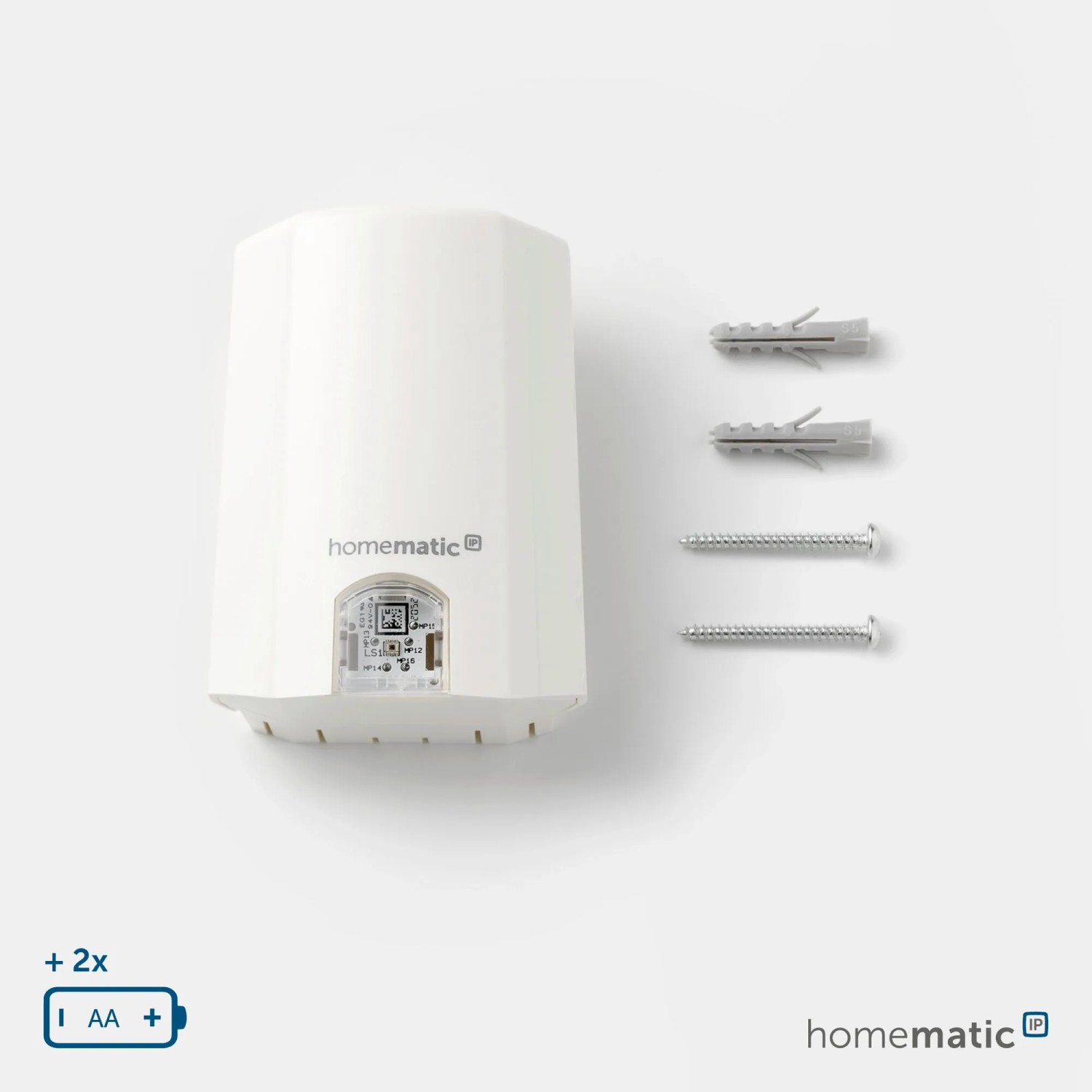 Homematic IP Lichtsensor außen, weiß, mit Montagematerial und AA-Batterie-Symbol. Perfekt für Smart Home Hausautomation.