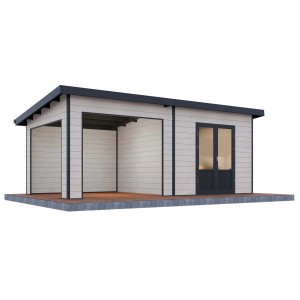 Modernes, hellgraues Finnhaus Wolff WPC Gerätehaus Tona 6030 mit Doppeltür und überdachtem Bereich.