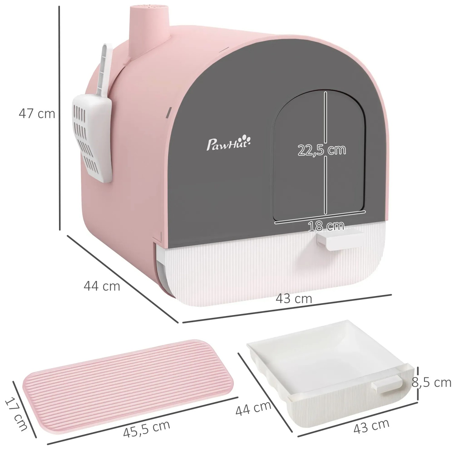 PawHut Katzentoilette mit Deckel, rosa, inklusive Schaufel und Matte. Praktisches Katzenklo mit Schublade.