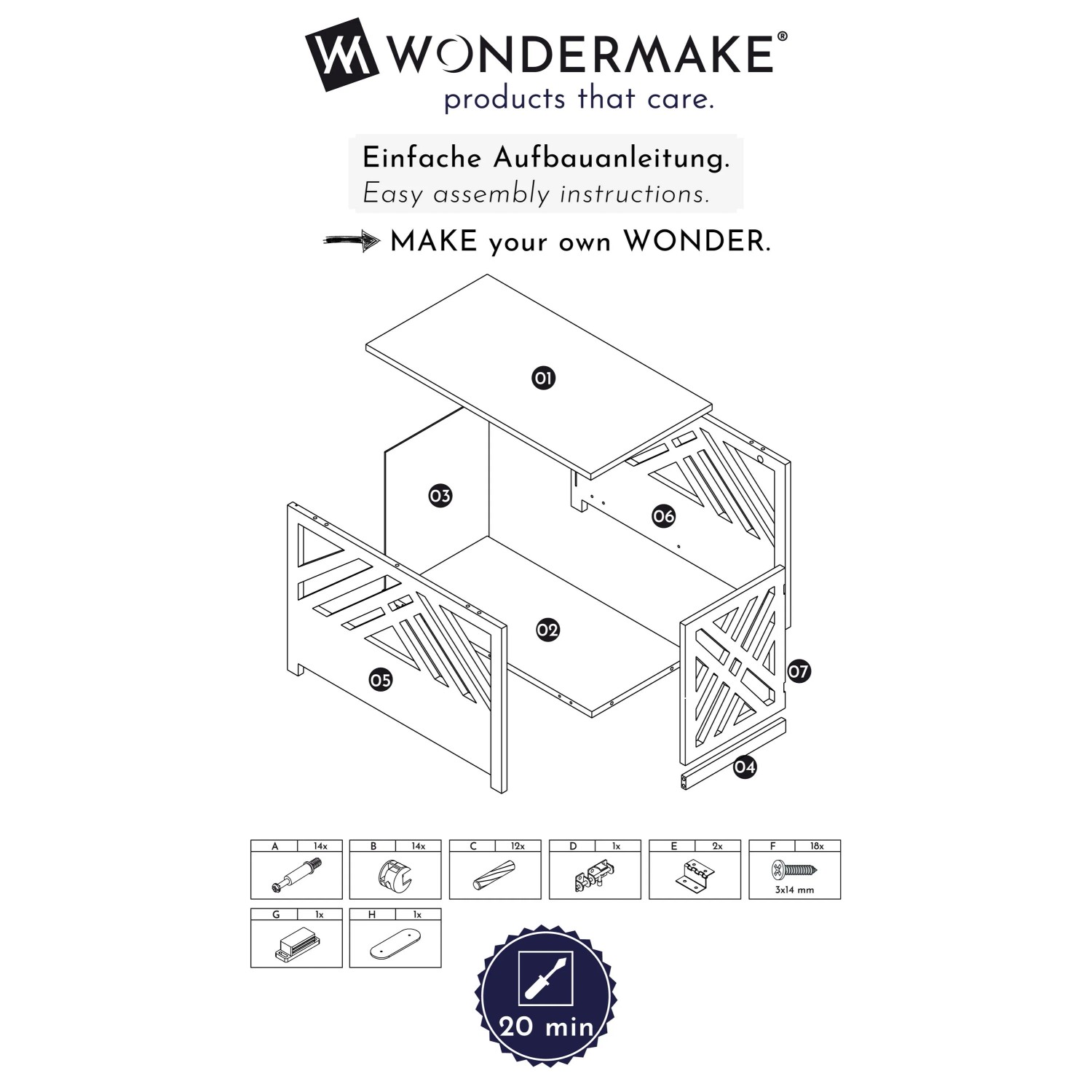Skizze: WONDERMAKE Design Hundekäfig Schrank cavea1 als Bausatz mit Aufbauanleitung.